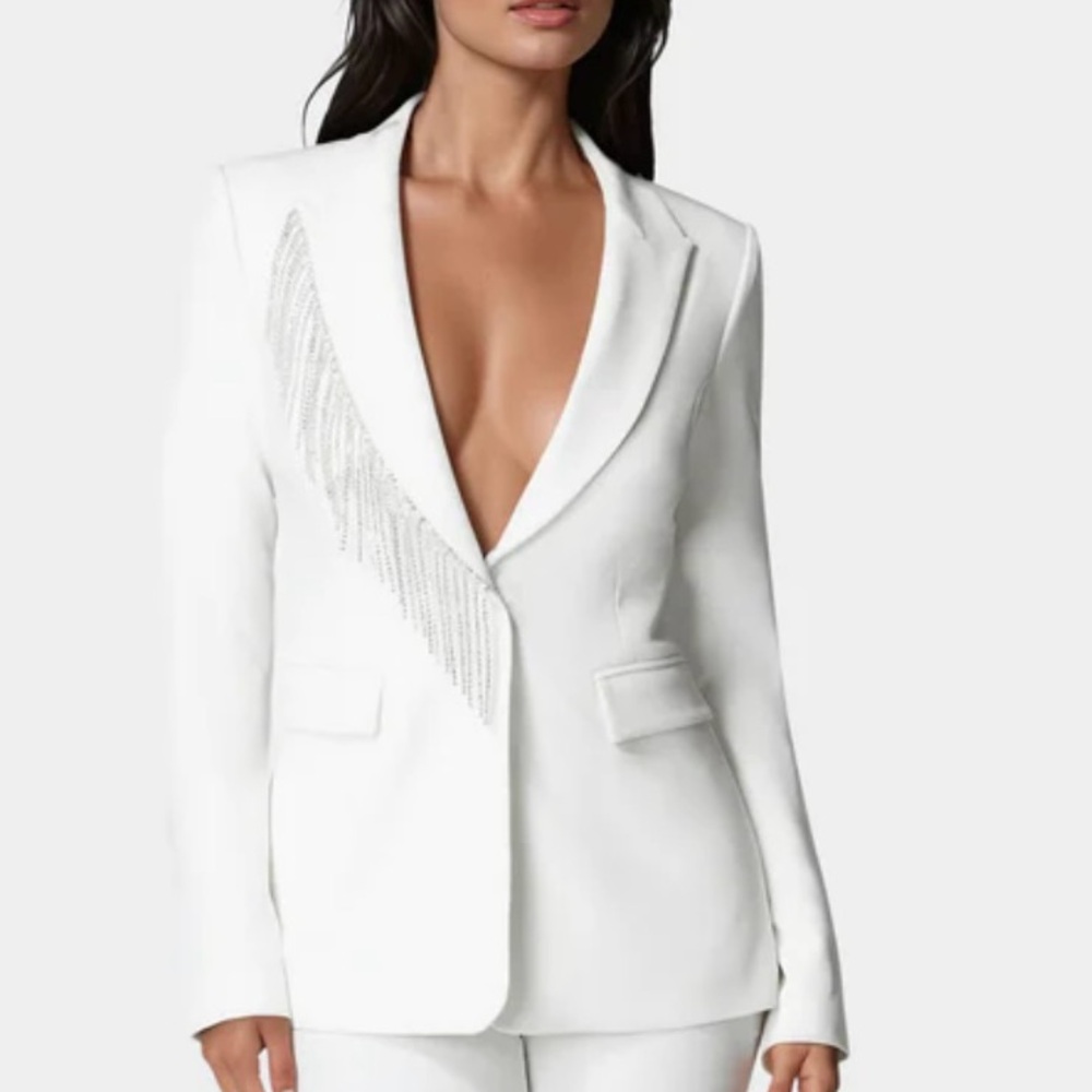 Bebe Elegant White Blazer with Fringe rhinestones Detail